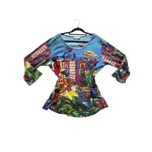 Women’s L Orientique Artsy Boho Cotton Top Blue Multicolor Quarter Sleeve GUC